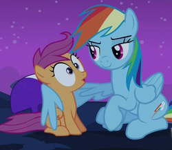 Size: 936x814 | Tagged: safe, screencap, rainbow dash, scootaloo, g4, sleepless in ponyville, female, filly, foal, mare, night, out of context, siblings, sisters, winghug