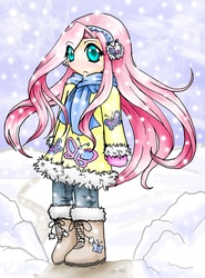 Size: 700x945 | Tagged: safe, artist:pyocolaxsama, fluttershy, human, g4, clothes, female, humanized, scarf, snow, snowfall, solo