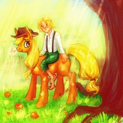 Size: 800x800 | Tagged: safe, artist:grannyfoxy, applejack, g4, bilbo baggins, crossover, lord of the rings, riding