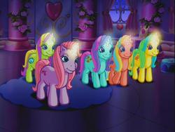 Size: 640x480 | Tagged: safe, screencap, bumble hum, cheerilee (g3), feeling flitter, fine shine, flutter line, pony, unicorn, a very pony place, come back lily lightly, g3, background pony, crowd, glowing, glowing horn, group, horn, night, smirk