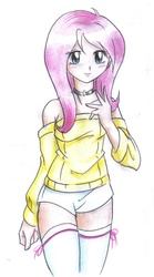 Size: 656x1181 | Tagged: safe, artist:danmakuman, fluttershy, human, g4, breasts, busty fluttershy, clothes, humanized, socks, solo, stockings, thigh highs