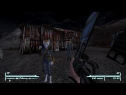 Size: 1152x864 | Tagged: safe, oc, oc only, oc:littlepip, anthro, unguligrade anthro, 3d, boone, fallout: new vegas, game screencap, gun, looking at you, pipboy, shotgun, weapon