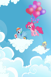 Size: 800x1200 | Tagged: safe, artist:pixelkitties, derpy hooves, pinkie pie, rainbow dash, pegasus, pony, g4, balloon, female, heart, heart balloon, mare, ship:pinkiedash, shipping, then watch her balloons lift her up to the sky