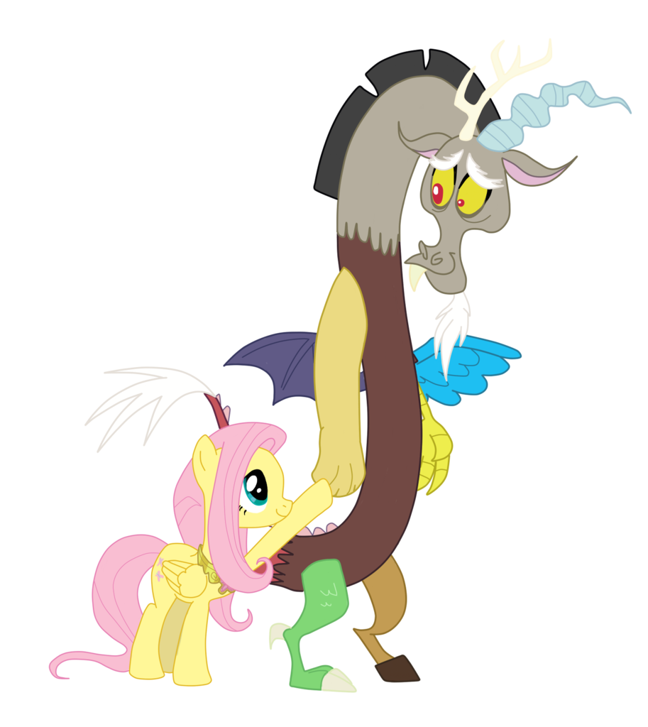 220847 - safe, discord, fluttershy, g4, keep calm and flutter on, cute,  duo, element of kindness, female, hoof hold, male, simple background,  transparent background, vector - Derpibooru