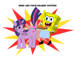 Size: 3623x2799 | Tagged: safe, artist:iedasb, edit, twilight sparkle, pony, unicorn, g4, bow, burger, crossover, female, food, gross, hamburger, krabby patty, male, mare, spongebob squarepants, spongebob squarepants (character), tail bow