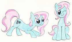 Size: 1468x855 | Tagged: safe, artist:ambrosebuttercrust, minty, earth pony, pony, g3, g4, 2011, alternate eye color, blue eyes, croushing, female, g3 to g4, generation leap, mare, one eye closed, simple background, sitting, traditional art, white background, wink