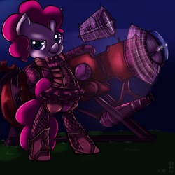 Size: 1280x1280 | Tagged: safe, pinkie pie, earth pony, pony, g4, bipedal, cannon, clothes, dress, female, solo