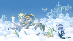 Size: 1920x1080 | Tagged: safe, artist:saturnspace, daring do, derpy hooves, discord, doctor whooves, fluttershy, princess cadance, princess celestia, princess luna, rainbow dash, rarity, star hunter, surprise, thunderlane, time turner, wild fire, alicorn, draconequus, pegasus, pony, ask discorded whooves, g1, g4, banana, cloud, cloudsdale, cloudy, computer, crossover, discord whooves, doctor who, dorothy (doctor who), female, flying, g1 to g4, generation leap, gossamer wings, jack harkness, laptop computer, male, mare, rainbow waterfall, scenery, self ponidox, ship:doctorderpy, shipping, sibsy, sonic screwdriver, straight, tardis, the doctor, timelord ponidox