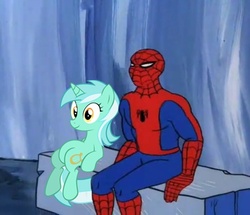 Size: 418x360 | Tagged: safe, lyra heartstrings, g4, 60s spider-man, crossover, image macro, male, meme, sitting, sitting lyra, spider-man