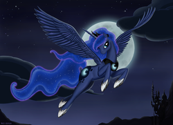 Size: 1211x877 | Tagged: safe, artist:royallycrimson, princess luna, alicorn, pony, g4, canterlot, cloud, crown, ethereal mane, eyelashes, female, flying, hoof shoes, horn, jewelry, moon, night, regalia, smiling, solo, spread wings, wings