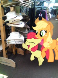 Size: 1536x2048 | Tagged: safe, artist:tokkazutara1164, apple bloom, applejack, earth pony, pony, g4, adorabloom, clothes rack, cowboy hat, cute, female, hat, irl, photo, ponies in real life, sisters, store, vector