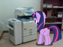 Size: 1024x768 | Tagged: safe, artist:paris7500, twilight sparkle, g4, annoyed, butt, fax, frown, irl, photo, photocopier, plot, ponies in real life, printer, vector