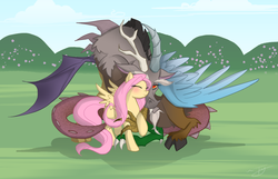 Size: 900x581 | Tagged: dead source, safe, artist:tayanacon, discord, fluttershy, draconequus, pony, g4, blushing, cute, discute, female, male, ship:discoshy, shipping, shyabetes, straight