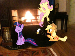 Size: 2048x1536 | Tagged: safe, artist:rad-toucan, applejack, fluttershy, twilight sparkle, g4, fire, fireplace, irl, photo, ponies in real life, vector