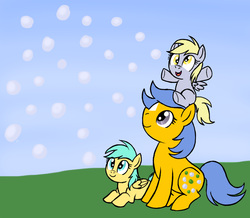 Size: 781x681 | Tagged: dead source, safe, artist:darlimondoll, bubbles (g1), derpy hooves, sunshower raindrops, earth pony, pegasus, pony, g1, g4, coat markings, facial markings, family, female, filly, filly derpy, filly derpy hooves, foal, g1 to g4, generation leap, mare, mother and daughter, star (coat marking), trio, younger