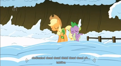 Size: 853x468 | Tagged: safe, screencap, applejack, spike, g4, my little pony: friendship is magic, winter wrap up, ei, hub logo, youtube caption