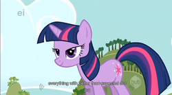 Size: 848x469 | Tagged: safe, edit, edited screencap, screencap, twilight sparkle, pony, unicorn, g4, female, hub logo, mare, solo, tree, youtube caption