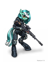 Size: 3048x3886 | Tagged: safe, artist:vombavr, lyra heartstrings, unicorn, anthro, unguligrade anthro, g4, armor, female, gun, hand, hooves, horn, looking at you, mare, optical sight, powered exoskeleton, rifle, science fiction, simple background, smiling, sniper rifle, solo, teeth, tribes ascend, weapon, white background