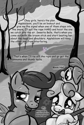 Size: 730x1095 | Tagged: safe, artist:gavalanche, apple bloom, diamond tiara, scootaloo, silver spoon, sweetie belle, earth pony, pegasus, pony, unicorn, g4, abuse, comic sans, female, horn, monochrome, plotting, spoonabuse, tiarabuse