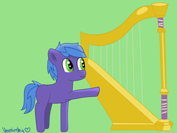 Size: 2000x1500 | Tagged: safe, artist:verminshy, parish nandermane, earth pony, pony, g4, colt, foal, green background, harp, male, musical instrument, simple background, solo, younger