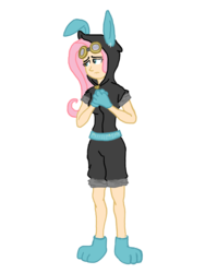 Size: 900x1200 | Tagged: safe, artist:betoheavy, fluttershy, human, g4, bunny ears, clothes, dangerous mission outfit, female, gloves, goggles, hoodie, humanized, simple background, solo, transparent background