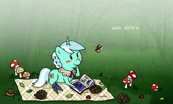 Size: 1280x768 | Tagged: safe, artist:fiatan, lyra heartstrings, ladybug, snail, g4, book, forest, mushroom, pinecone, reading