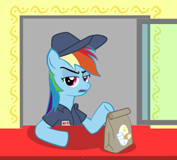 Size: 676x612 | Tagged: safe, artist:betoheavy, rainbow dash, pegasus, pony, g4, clothes, fast food, female, frown, hat, mare, name tag, open mouth, paper bag, shirt, solo