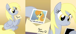Size: 1800x800 | Tagged: safe, artist:equestria-prevails, carrot top, derpy hooves, golden harvest, earth pony, pegasus, pony, g4, comic, female, mare, memento, parody, underp