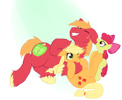 Size: 916x751 | Tagged: safe, artist:cybermananon, apple bloom, applejack, big macintosh, earth pony, pony, g4, apple siblings, apple sisters, brother and sister, cute, ear bite, female, freckles, male, mare, siblings, sisters, stallion, wrestling