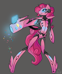 Size: 2011x2404 | Tagged: dead source, safe, artist:pon-ee, pinkie pie, robot, semi-anthro, g4, bipedal, cannon, female, pinkie bot, roboticization, solo