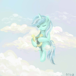 Size: 1000x1000 | Tagged: safe, artist:oleniabrama, lyra heartstrings, pony, unicorn, g4, cloud, cloudy, eyes closed, female, lyre, sky, solo