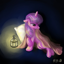 Size: 1000x1000 | Tagged: safe, artist:oleniabrama, twilight sparkle, pony, g4, blanket, female, lantern, pillow, solo