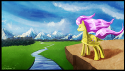 Size: 3250x1850 | Tagged: safe, artist:porkchopsammie, fluttershy, pony, g4, female, mountain, solo, wallpaper, windswept mane