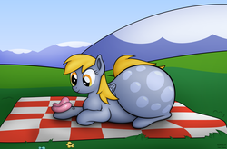 Size: 2900x1900 | Tagged: source needed, useless source url, safe, artist:jesseorange, derpy hooves, butterfly, pegasus, pony, g4, aderpose, butt, fat, female, flower, impossibly large butt, mare, picnic blanket, plot