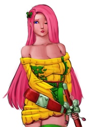 Size: 1280x1760 | Tagged: safe, artist:dclzexon, fluttershy, human, g4, badass, battojutsu, breasts, busty fluttershy, description at source, female, flutterbadass, friendship is fighting, humanized, samurai, sword, weapon