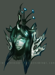 Size: 1024x1404 | Tagged: dead source, safe, artist:aisuroma, queen chrysalis, changeling, changeling queen, anthro, g4, ambiguous facial structure, female