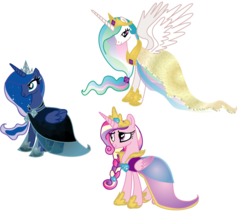 Size: 695x617 | Tagged: safe, artist:lottapotatosalad, princess cadance, princess celestia, princess luna, alicorn, pony, g4, clothes, dress, female, gala dress, mare, simple background, spread wings, transparent background, trio, trio female, wings