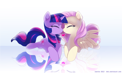 Size: 1994x1200 | Tagged: dead source, safe, artist:si1vr, fluttershy, twilight sparkle, pegasus, pony, unicorn, g4, cute, eyes closed, female, happy, heart, lesbian, mare, nuzzling, reflection, ship:twishy, shipping, shyabetes, spread wings, twiabetes, unicorn twilight, wings