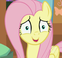 Size: 411x385 | Tagged: safe, screencap, fluttershy, pegasus, pony, g4, season 1, stare master, cropped, female, fluttershy's cottage, folded wings, hub logo, interior, logo, looking at you, mare, nervous, nervous smile, open mouth, open smile, pink hair, pink mane, pink tail, reaction image, shrunken pupils, smiling, solo, tail, teal eyes, the hub, wings, worried, yellow coat, yellow fur, yellow pony, yellow wings