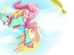 Size: 1600x1200 | Tagged: safe, artist:thamutt, fluttershy, human, g4, blushing, clothes, feather, graceful, humanized, sky, socks, sun, thigh highs, winged humanization