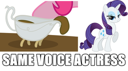 Size: 500x280 | Tagged: safe, pinkie pie, rarity, pony, unicorn, g4, keep calm and flutter on, my little pony: friendship is magic, exploitable meme, gravy boat, image macro, meme, same voice actor, tabitha st. germain