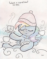 Size: 726x914 | Tagged: safe, artist:slightlyshade, rainbow dash, pony, g4, clothes, female, hat, scarf, solo, tea, traditional art