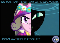 Size: 872x630 | Tagged: safe, queen chrysalis, changeling, g4, canterlot intelligence agency, cia, disguise, disguised changeling, fake cadance, poster