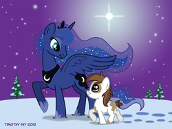 Size: 1024x768 | Tagged: safe, artist:tim-kangaroo, pipsqueak, princess luna, alicorn, earth pony, pony, g4, colt, female, foal, happy, male, mare, snow, spread wings, stars, wings, winter