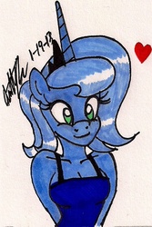 Size: 491x734 | Tagged: safe, artist:newyorkx3, princess luna, anthro, g4, cute, female, heart, solo, traditional art