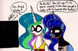 Size: 1306x861 | Tagged: safe, artist:newyorkx3, princess celestia, princess luna, alicorn, pony, g4, batman, matt (tbfp), muna, pat (tbfp), patlestia, reference, robin, traditional art, two best friends play