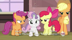 Size: 854x480 | Tagged: safe, screencap, apple bloom, applejack, scootaloo, sweetie belle, g4, horn, horngasm, lidded eyes, out of context, sparking horn