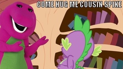 Size: 640x360 | Tagged: safe, spike, dinosaur, dragon, g4, barney the dinosaur, image macro, nightmare fuel