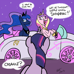 Size: 600x600 | Tagged: dead source, safe, artist:starlight-gaze, princess cadance, princess luna, twilight sparkle, alicorn, pony, g4, car, get in loser, mean girls, princess, rc car, shopping, twilight sparkle (alicorn)