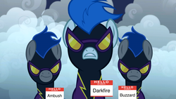 Size: 1280x720 | Tagged: safe, edit, edited screencap, screencap, descent, nightshade, pegasus, pony, friendship is magic, g4, my little pony: friendship is magic, female, male, mare, name tag, naming, shadowbolts, stallion, trio